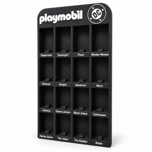 Vista a tre quarti dell’espositore vuoto per Playmobil DC con 16 scomparti.