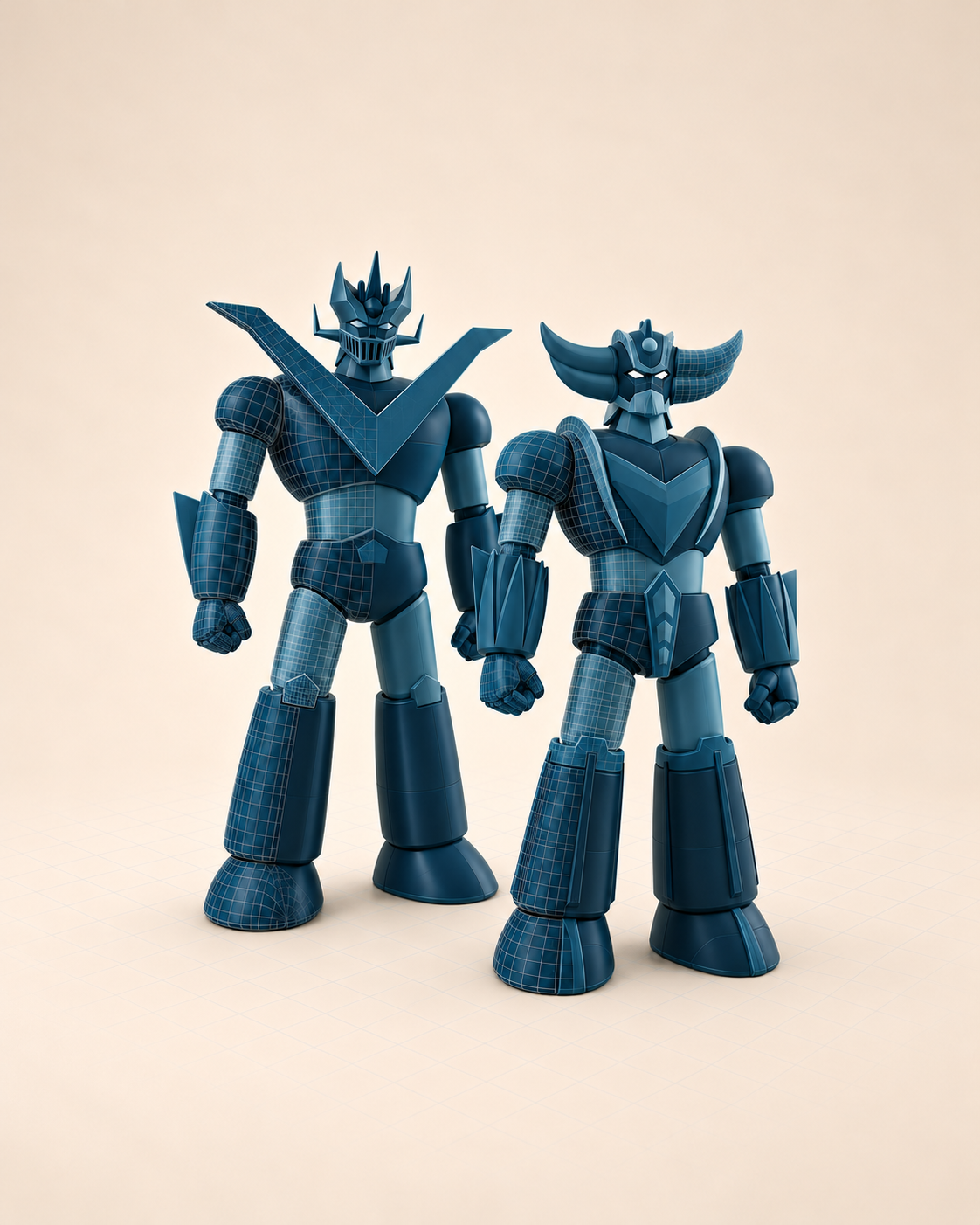 Anteprima digitale dei modelli Grande Mazinga e Goldrake, con linee tecniche su fondo Carta.