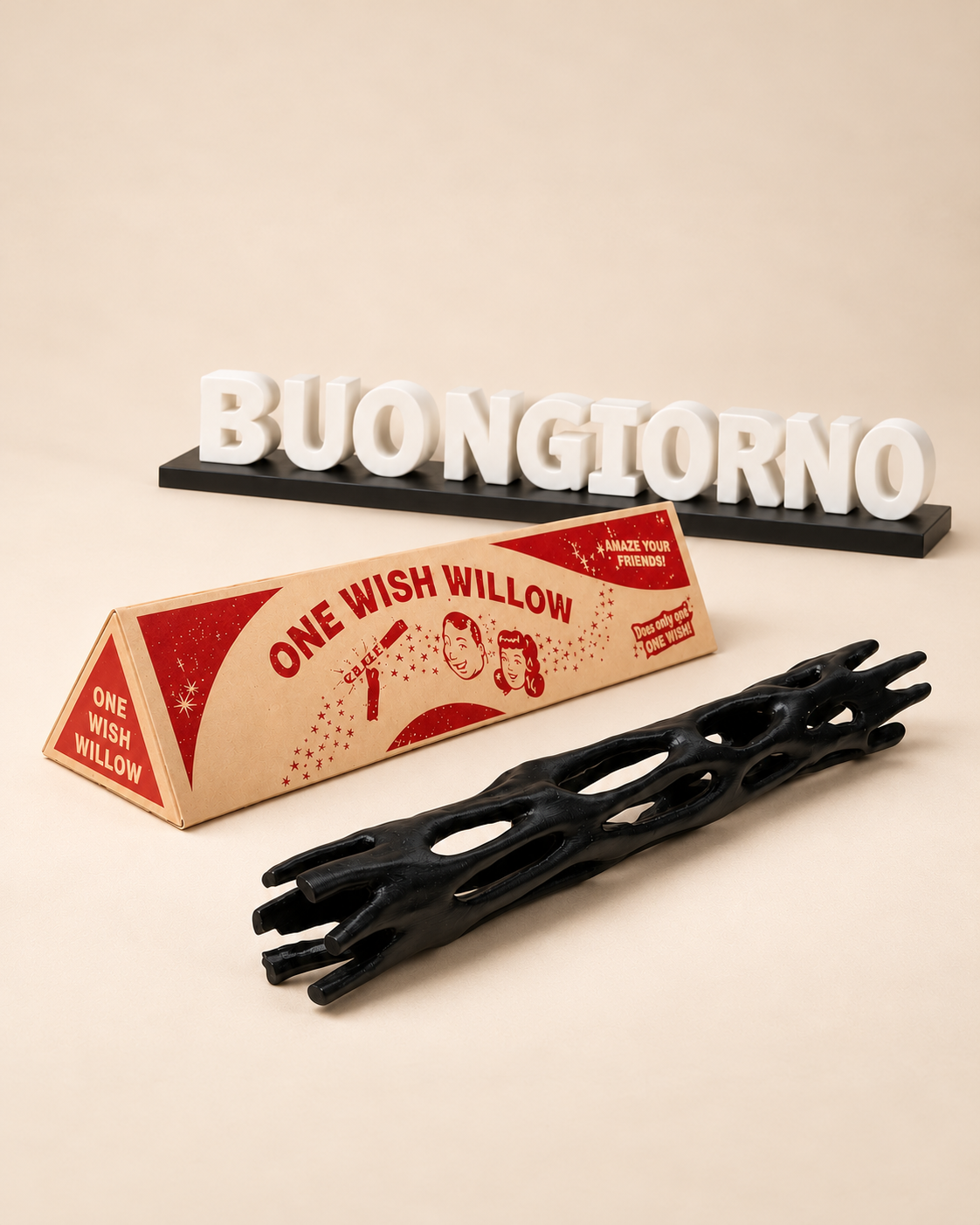 Gadget e accessori PepperPrints: scritta 3D Buongiorno e One Wish Willow su fondo Carta.