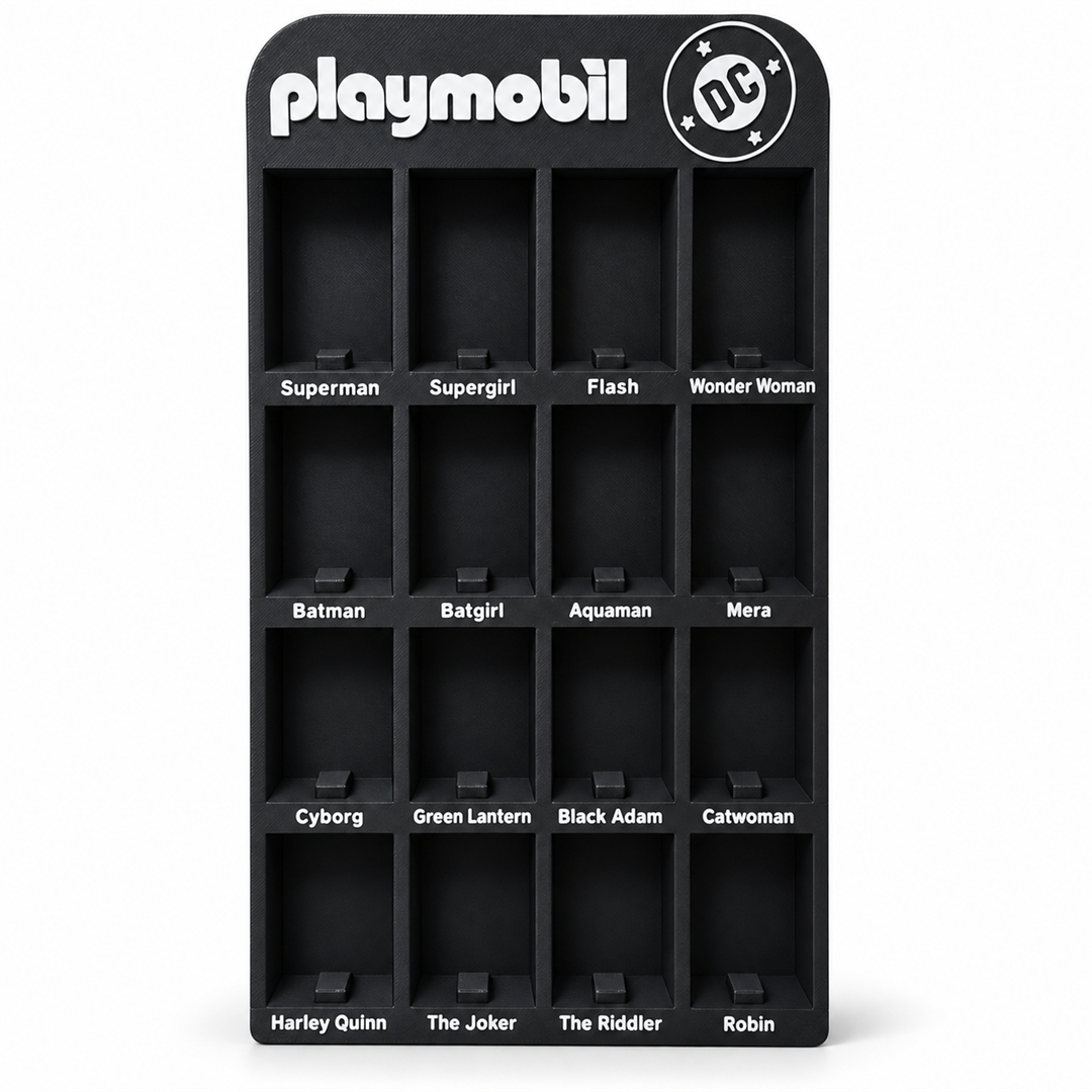 Espositore per Playmobil DC vuoto, nero con 16 scomparti e nomi dei personaggi bianchi.