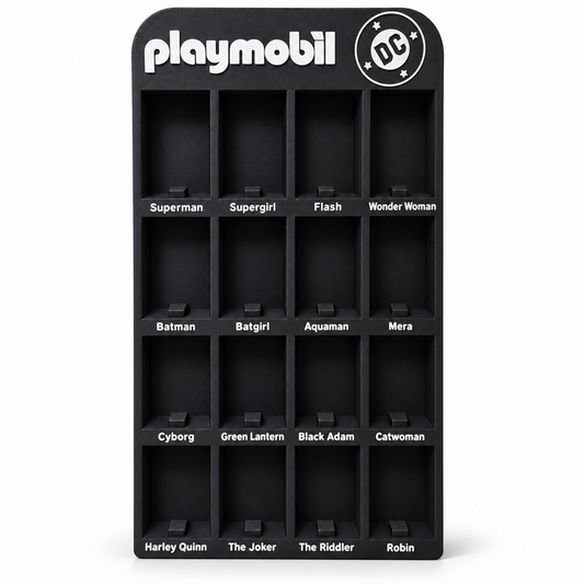 Espositore per Playmobil DC vuoto, nero con 16 scomparti e nomi dei personaggi bianchi.