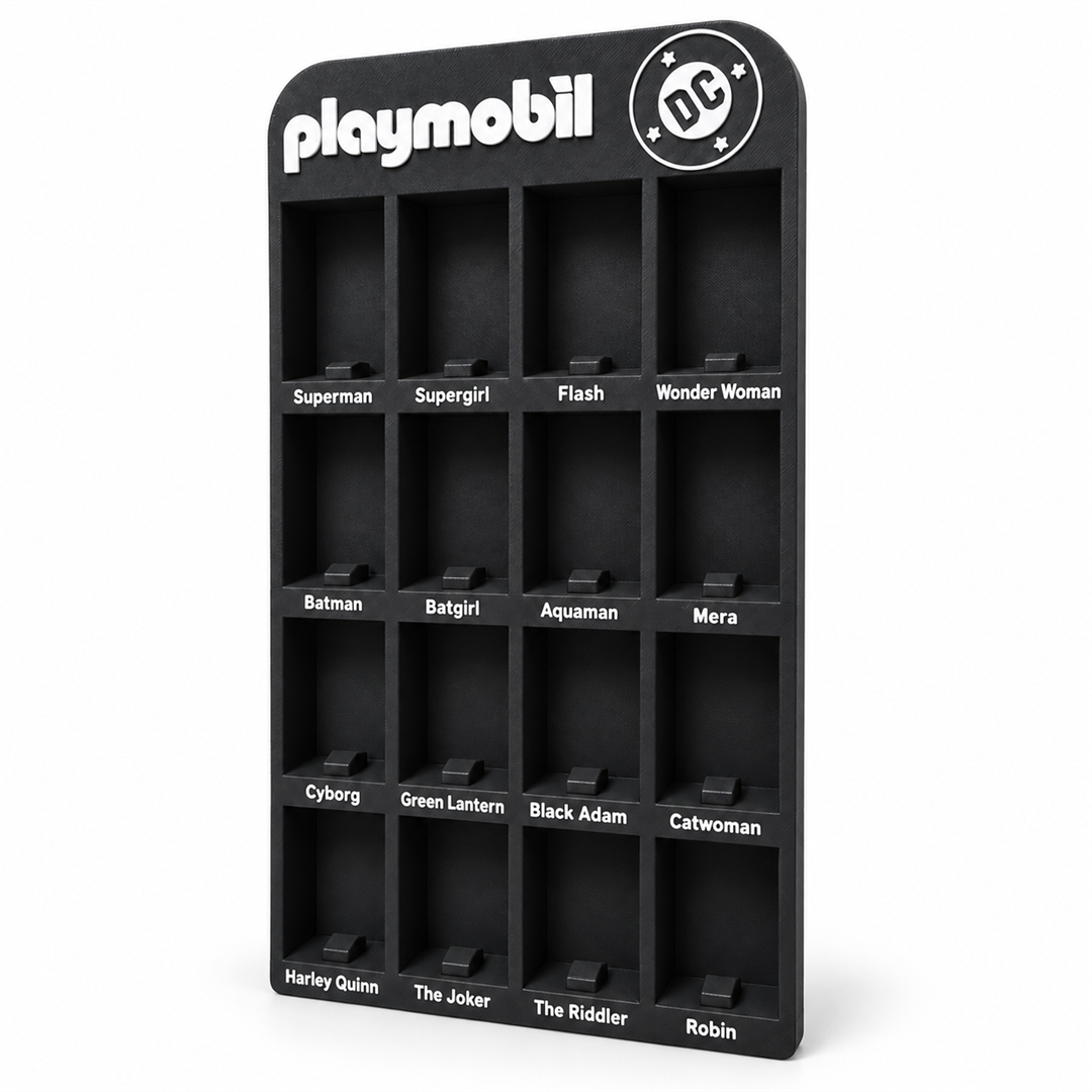Vista a tre quarti dell’espositore vuoto per Playmobil DC con 16 scomparti.
