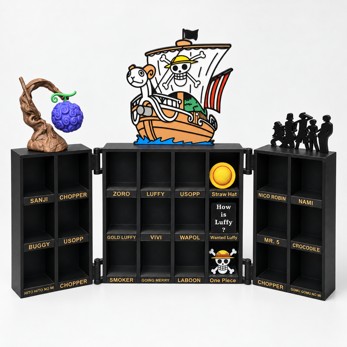 Espositore One Piece in PLA+ aperto, vista frontale con 24 caselle e segnaposto dorati