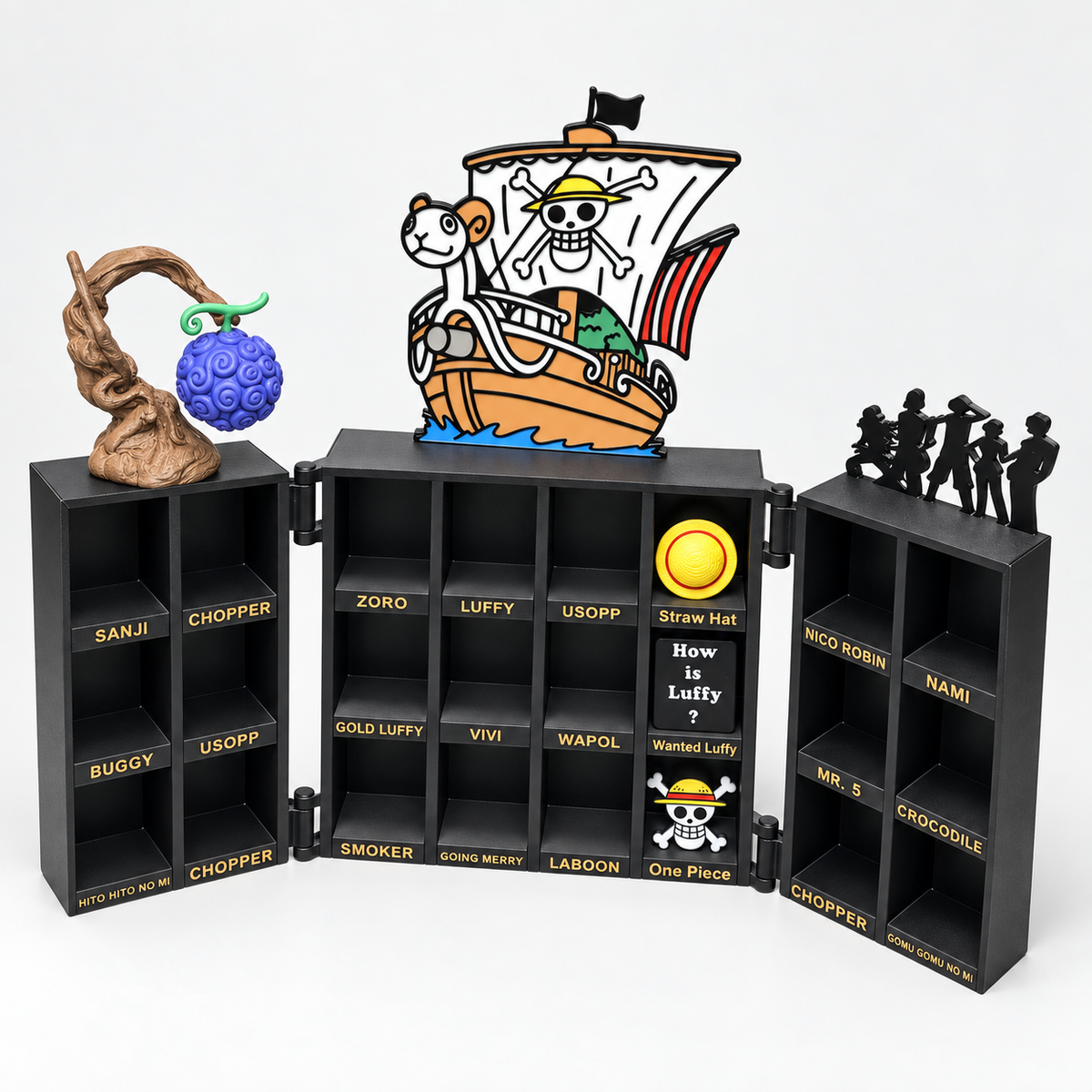 Espositore One Piece aperto in prospettiva, con 24 caselle per mini figure Kinder Joy