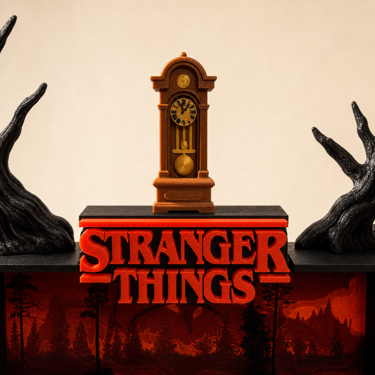 Espositore Stranger Things Mind Flayer – dettaglio del logo e dell’orologio