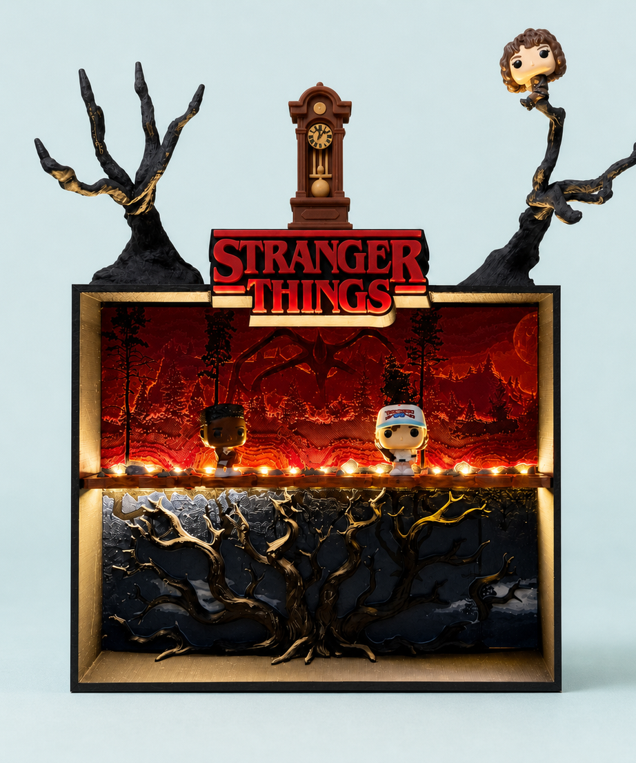 Espositore Stranger Things Mind Flayer – vista frontale su fondo Teal Nebbia