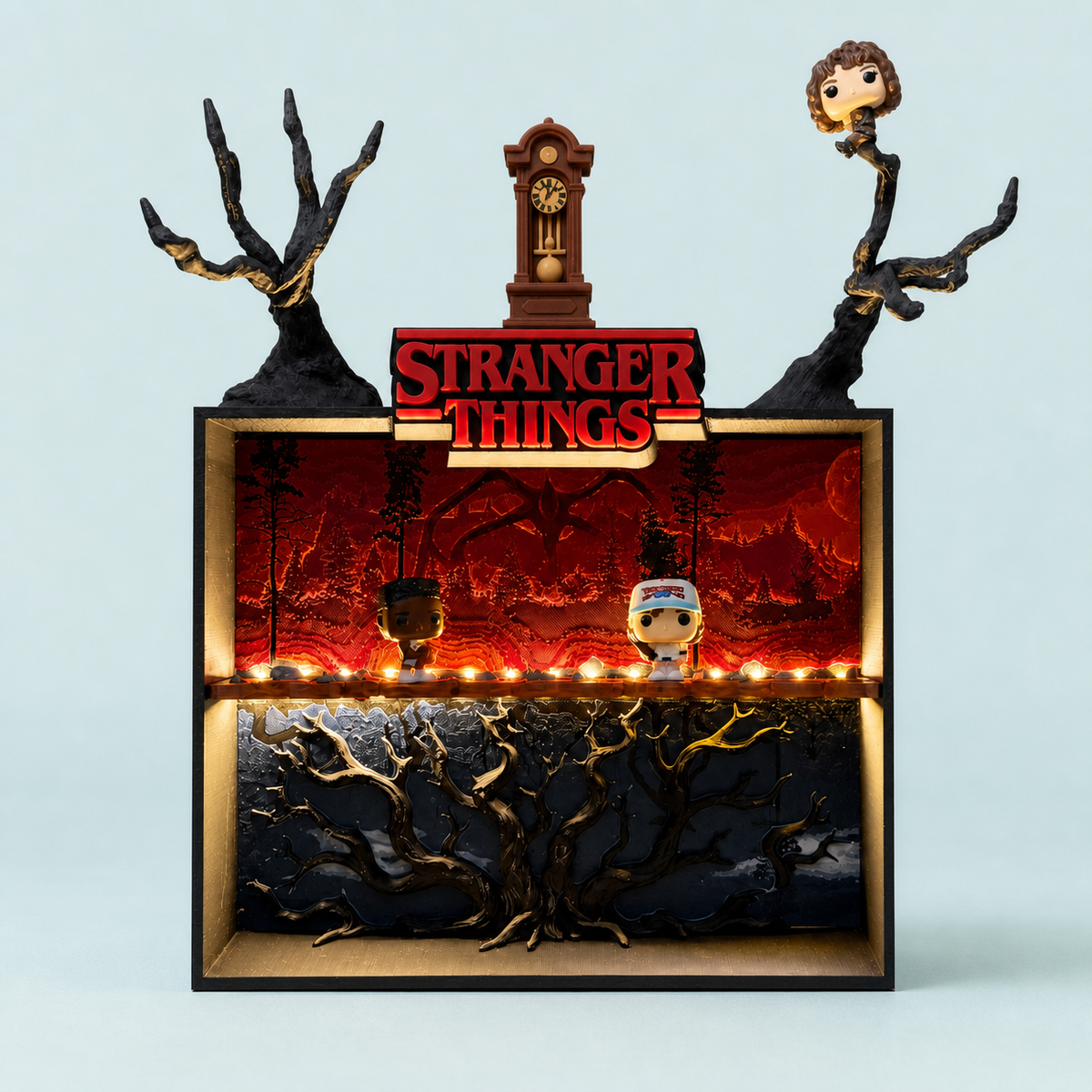 Espositore Stranger Things Mind Flayer – vista frontale su fondo Teal Nebbia